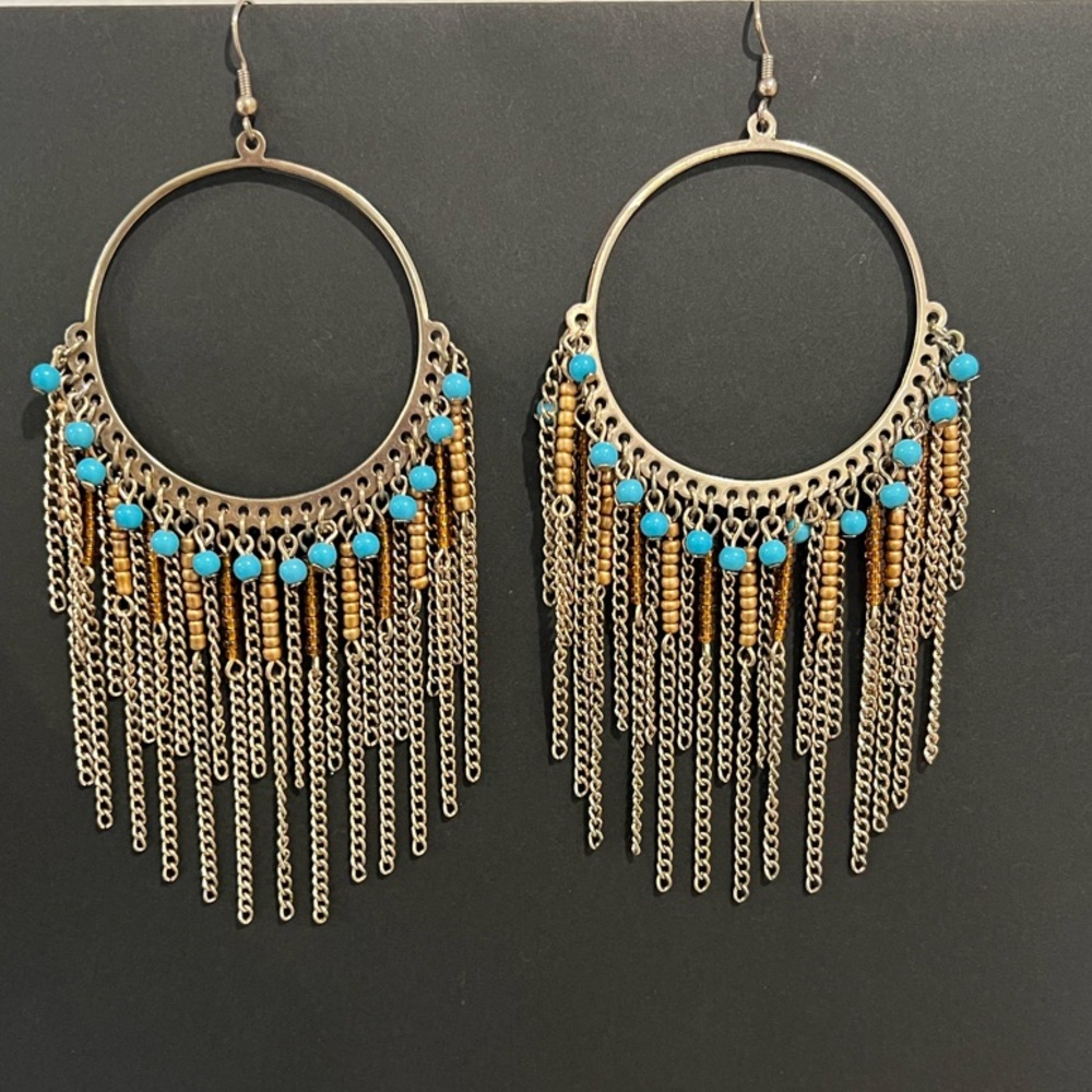 Bohemian Turquoise and Gold Fringe Earrings